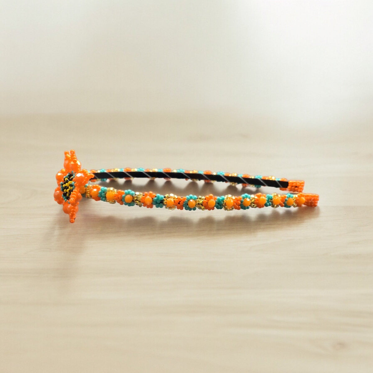Beaded Headband with Flower Orange-3