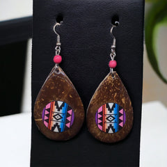 Wood Painted PInk and Purple Round Earrings-1