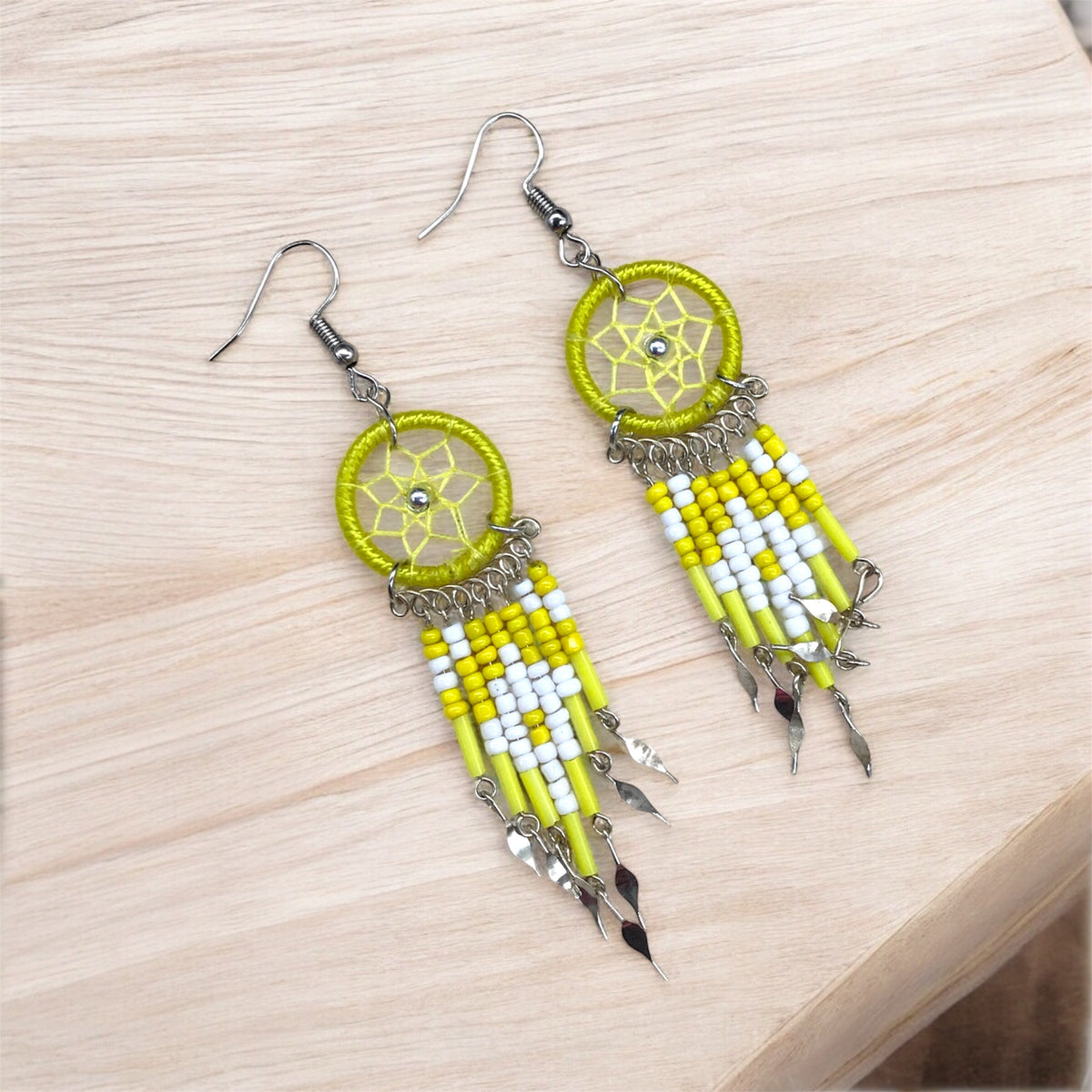 Yellow and white Beaded Dreamcatcher earrings-2