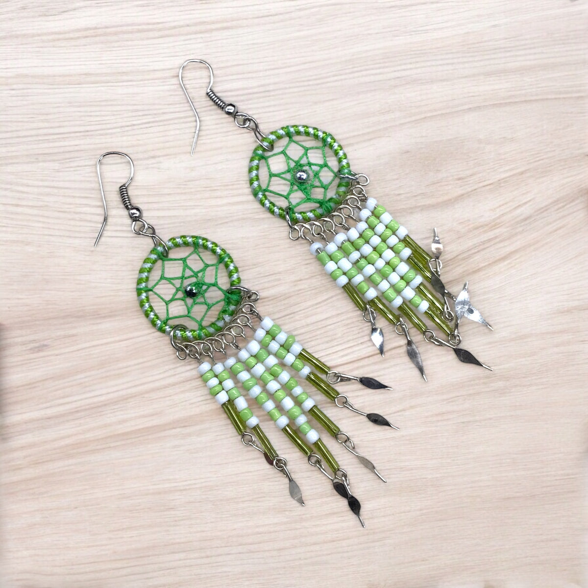 Green and White Beaded Dreamcatcher earrings-2