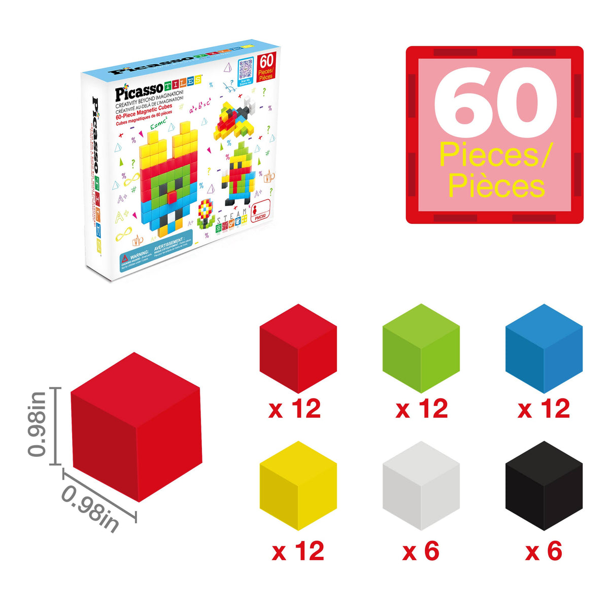 PicassoTiles - PicassoTiles 60pc 1.2" Magnetic Cubes Set - Ages 3+-3
