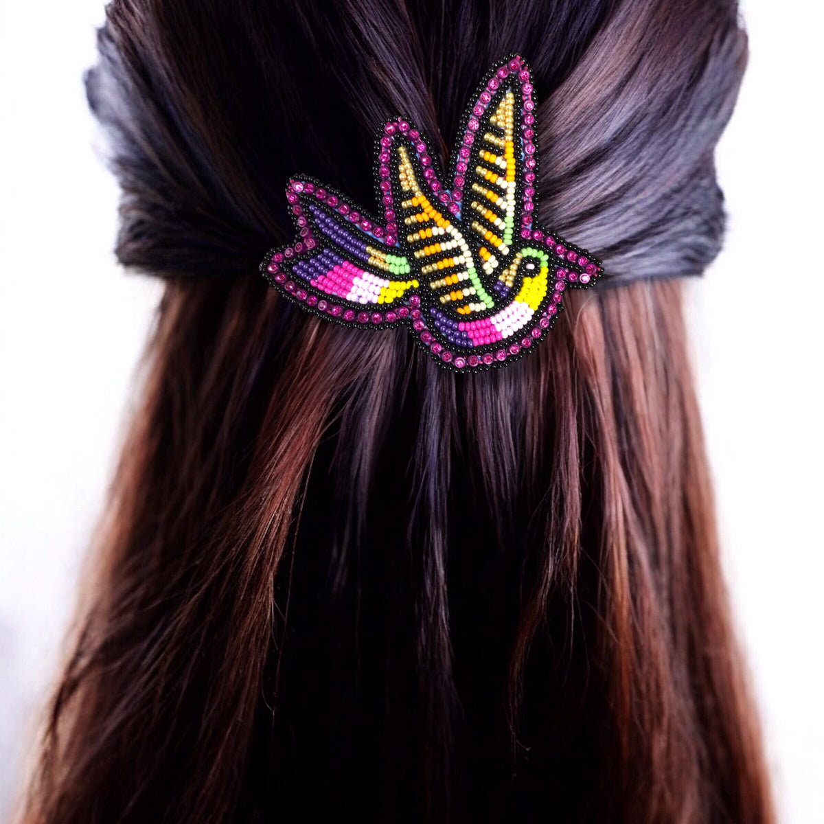 Pink and White Beaded Hummingbird Barrette-1