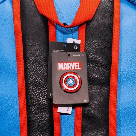 Mochila Pequeña de Cosplay de Capitán América de Loungefly Marvel con Pin de Escudo (UPC: 671803375697)