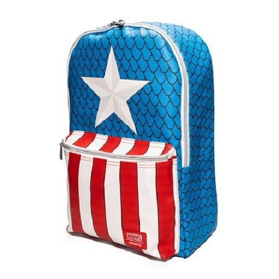 Mochila Pequeña de Cosplay de Capitán América de Loungefly Marvel con Pin de Escudo (UPC: 671803375697)