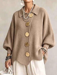 Women’s Button-Down Knit Cardigan – Lapel Collar Long-Sleeve Loose-Fit Fall & Winter Sweater-2