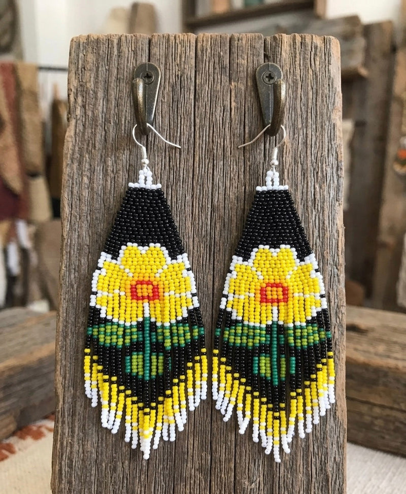 Flower Beaded Earrings ( Yellow )-3