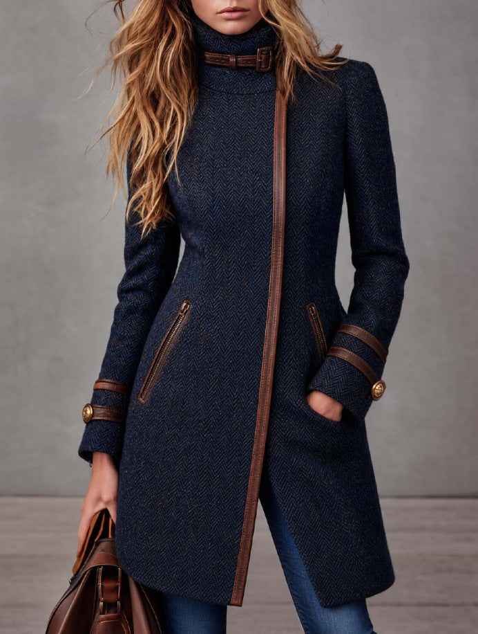 Women’s Mid-Length Herringbone Tweed Coat – Side-Zip Wool-Blend Jacket-2