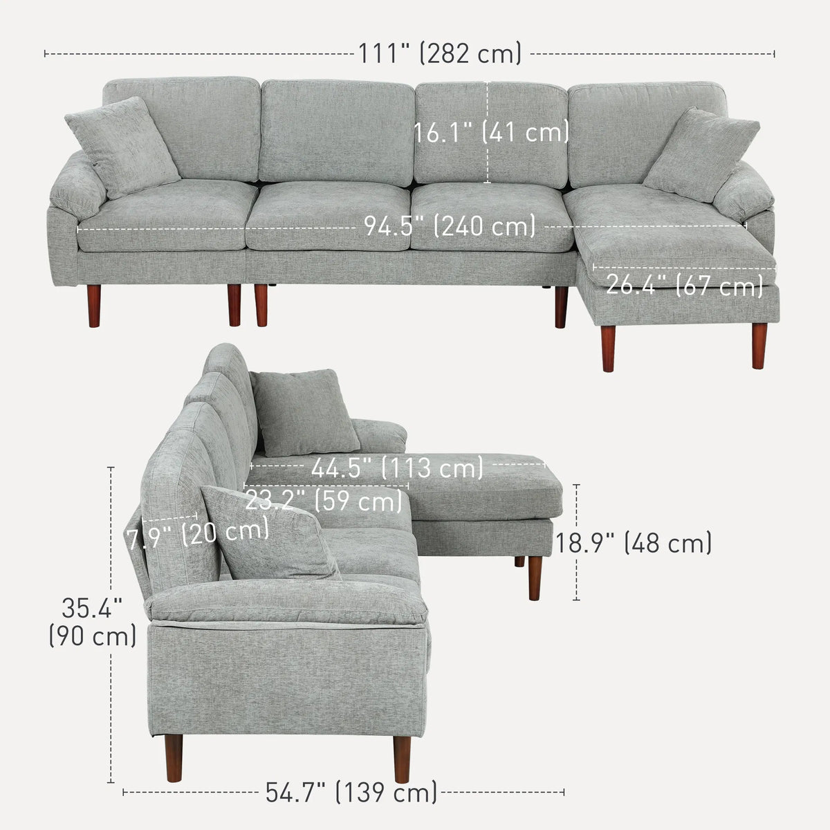 Grey L-Shape Sectional Sofa – Modern Reversible Chaise Couch with Pillows & Wooden Legs (United States & Canada Delivery Only)-3