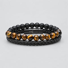 Men’s 2-Piece Bracelet Set. Brown Braided Leather & Tiger Eye with Black Lava Beads-1