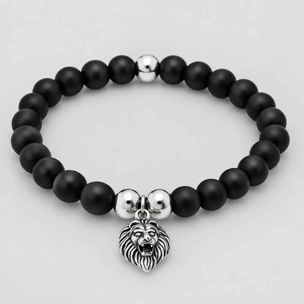 Men’s Black Lava Stone Beaded Bracelet with Stainless Steel Lion Head Charm Biker Bracelet-1