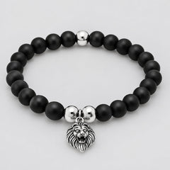 Men’s Black Lava Stone Beaded Bracelet with Stainless Steel Lion Head Charm Biker Bracelet-1