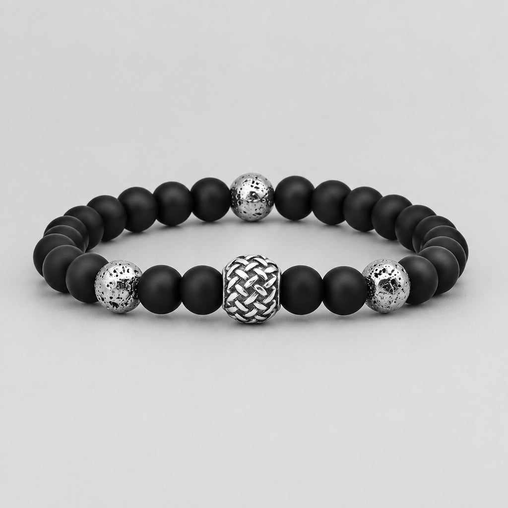 Men’s Matte Black Bead Bracelet with Textured Stainless Steel Ball Biker Bracelet-1