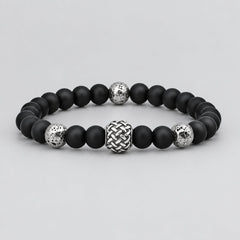 Men’s Matte Black Bead Bracelet with Textured Stainless Steel Ball Biker Bracelet-1