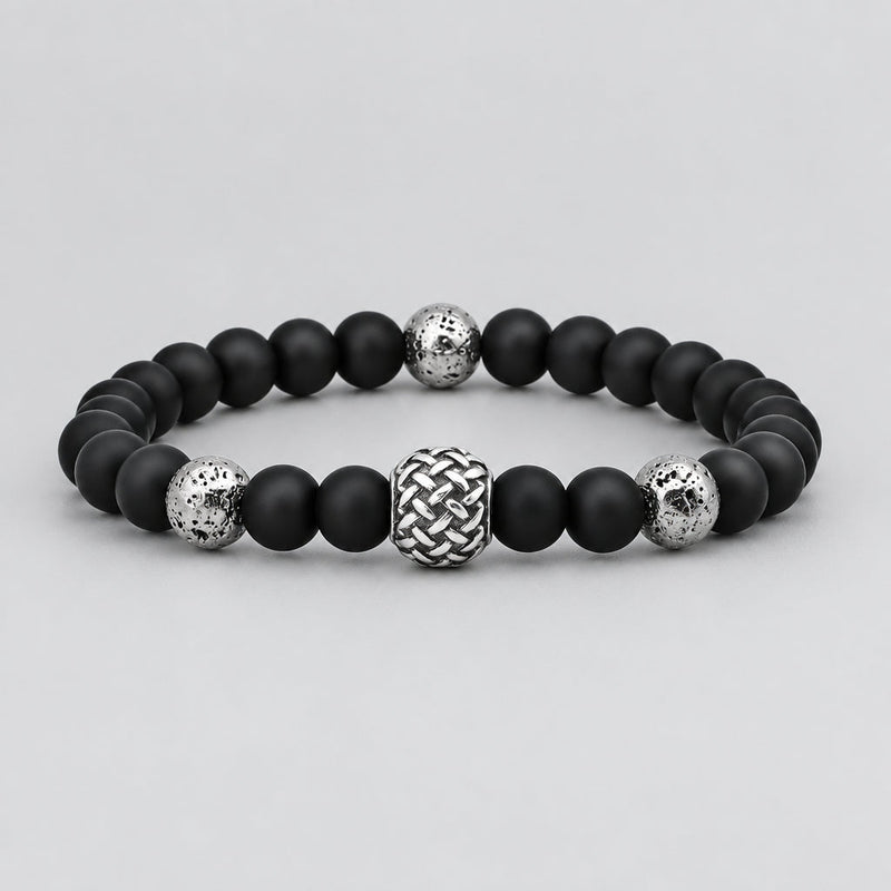 Men’s Matte Black Bead Bracelet with Textured Stainless Steel Ball Biker Bracelet-1