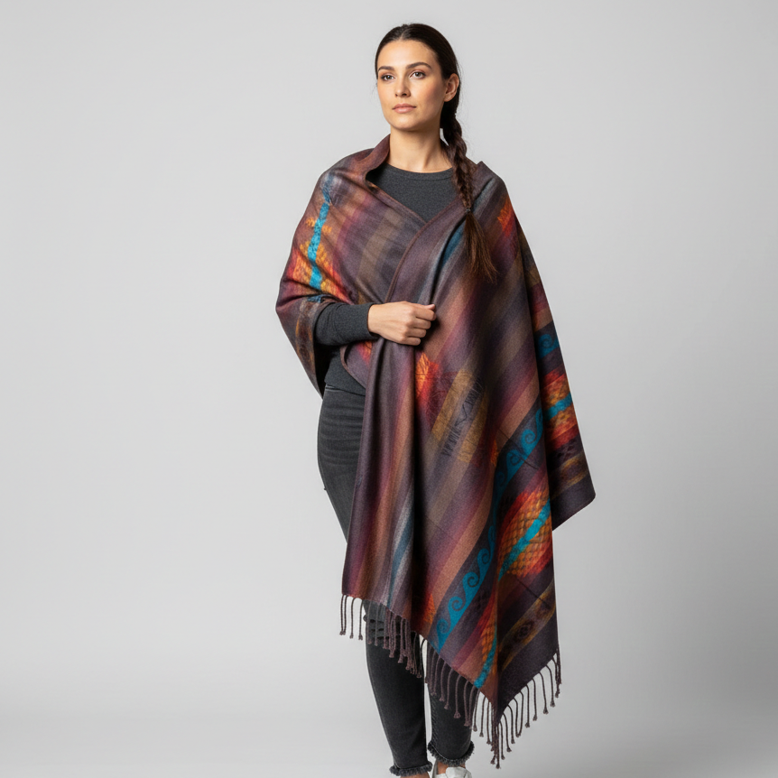 Hand woven Red and Brown Reversible shawl-2