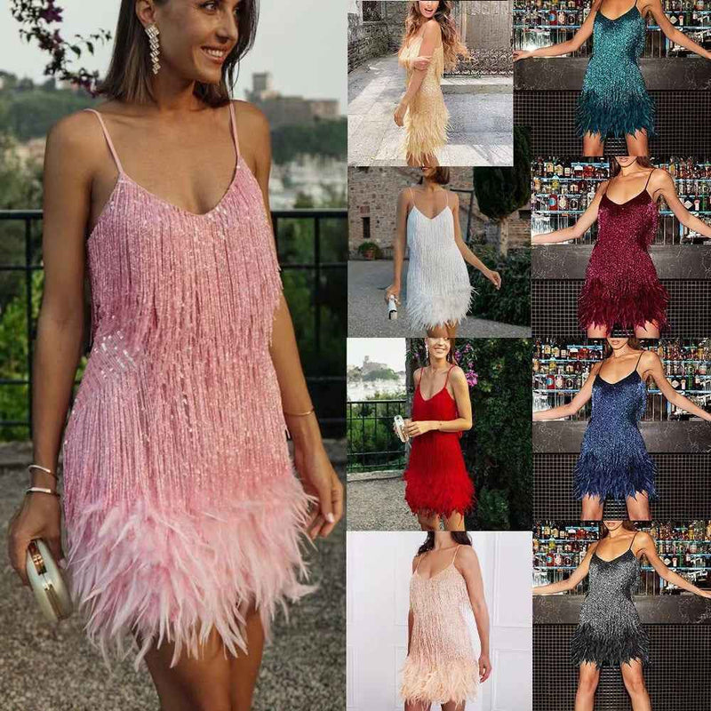 Women’s Sequin Feather Tassel Mini Dress – V-Neck Spaghetti Strap Evening Party Dress-1