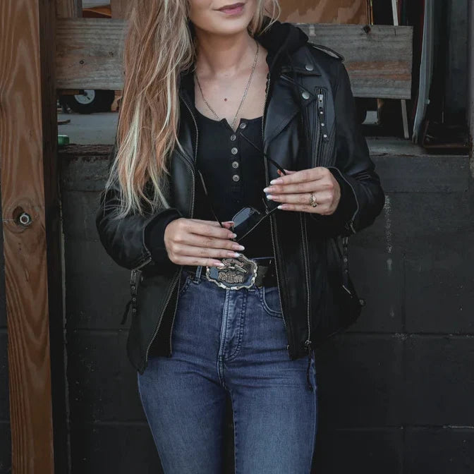 Open Road Women's Hooded Classic Leather Motorcycle Jacket-8