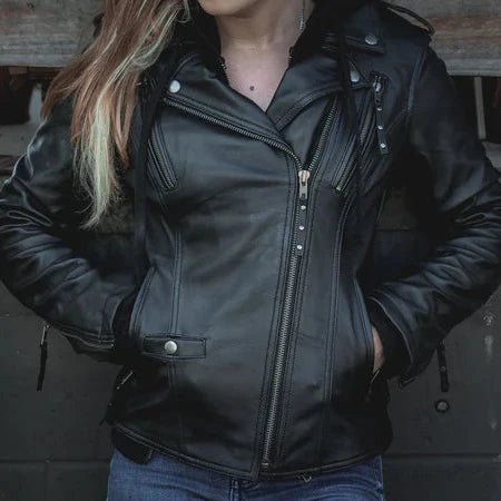 Open Road Women's Hooded Classic Leather Motorcycle Jacket-7