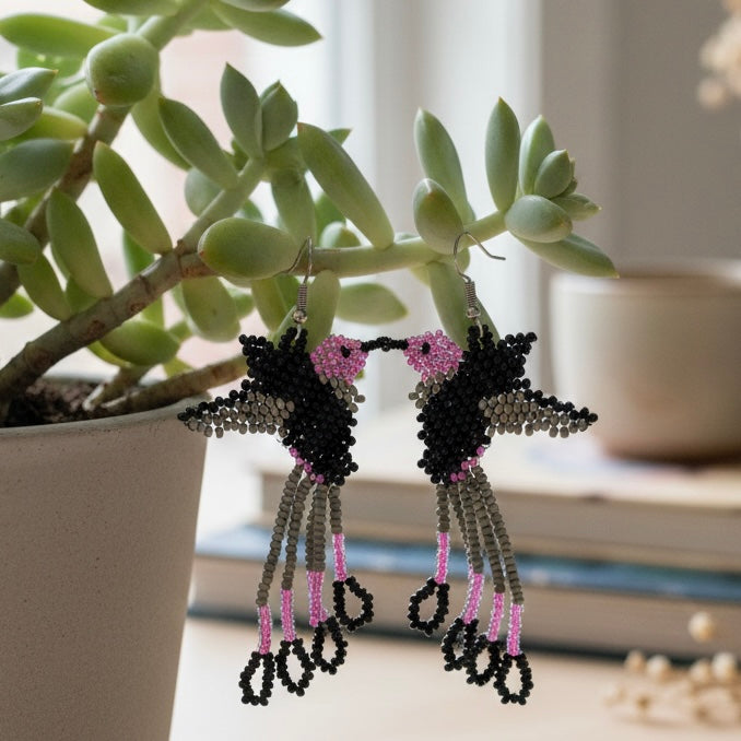 Handmade Beaded Hummingbird Earrings -& Purple and black-2