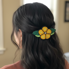 Yellow and Black Beaded Flower Barrette-5