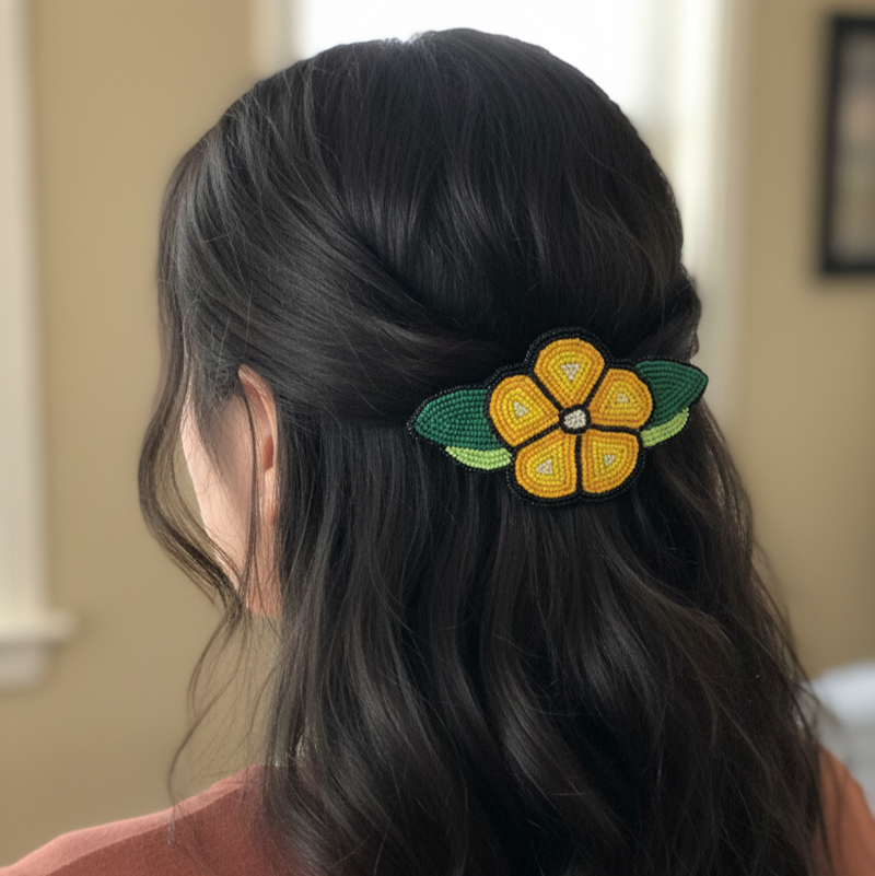 Yellow and Black Beaded Flower Barrette-5