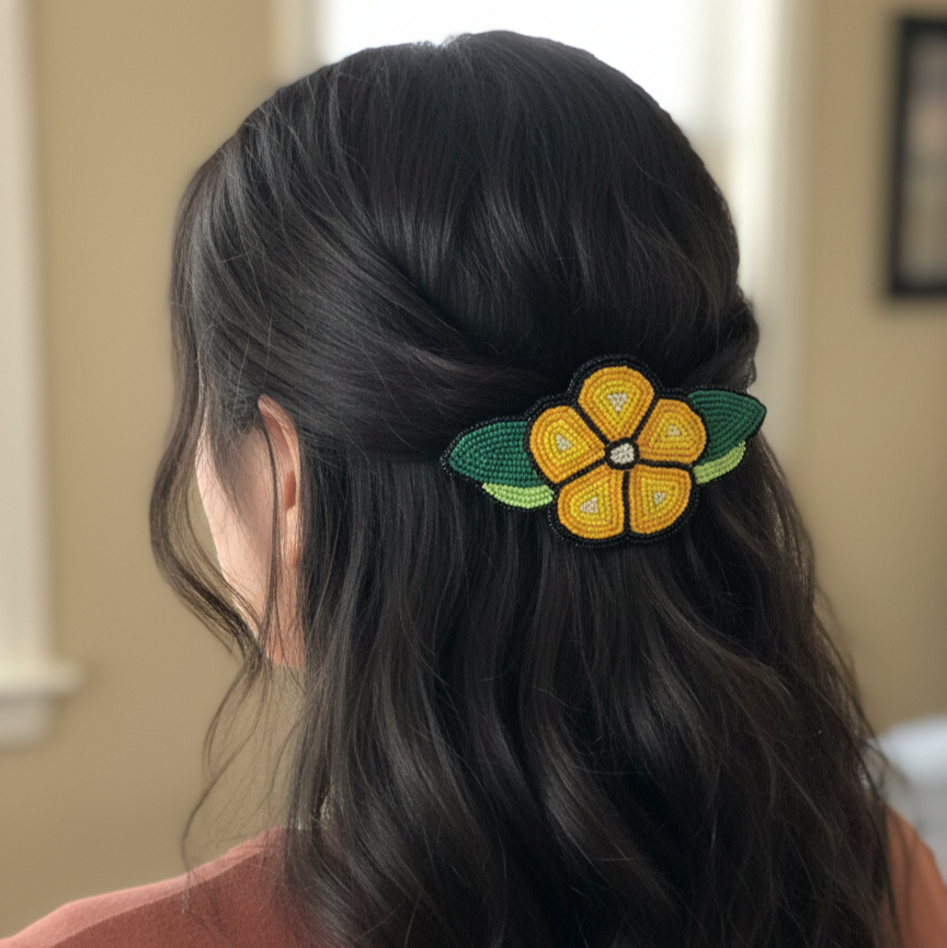 Yellow and Black Beaded Flower Barrette-5