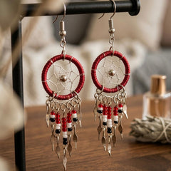 burgundy beaded dream catcher earrings-2