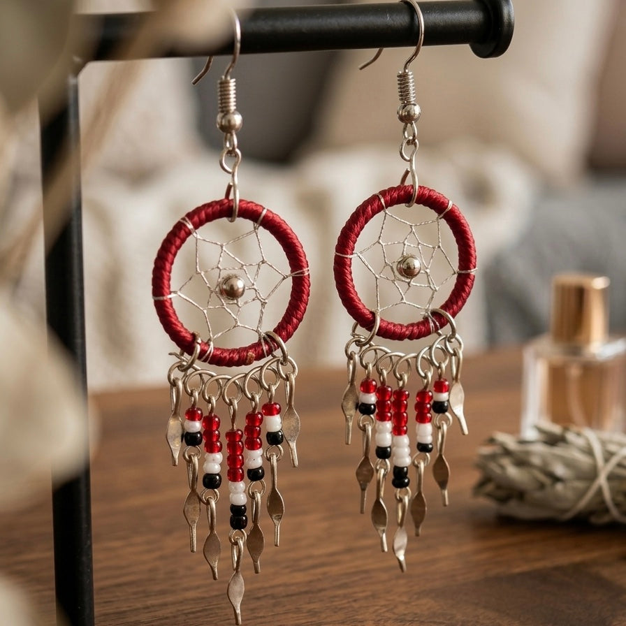 burgundy beaded dream catcher earrings-2