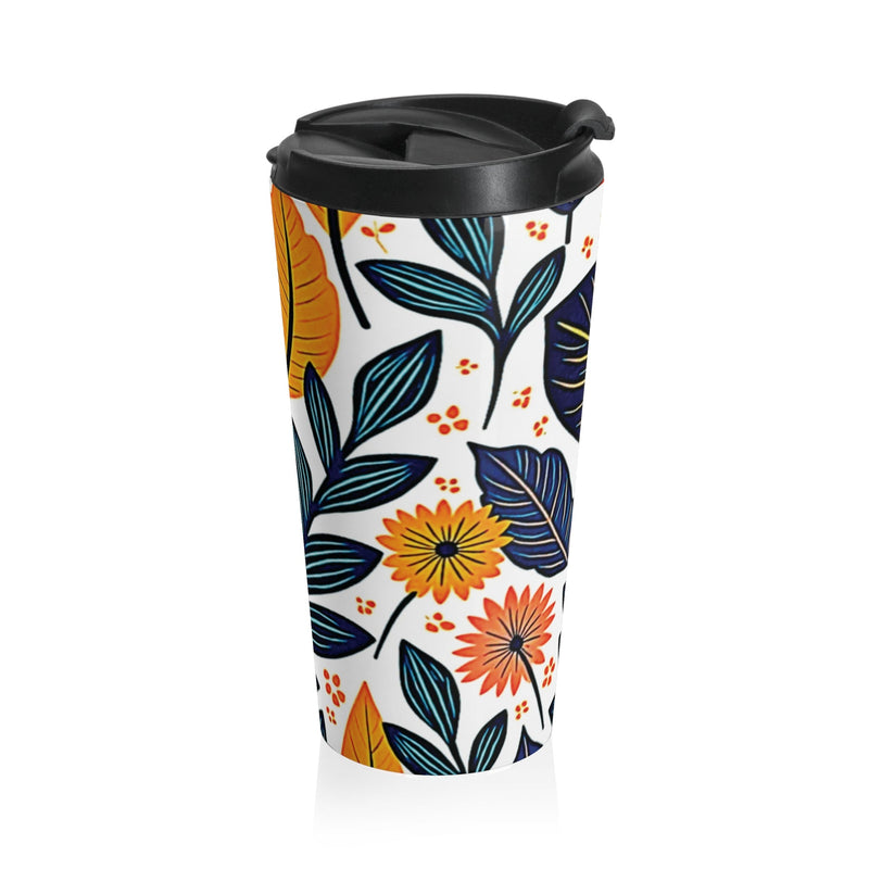 Autumn Foliage Floral Travel Mug | Orange Blue Leaf Pattern-5
