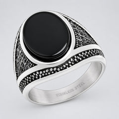 Men’s Stainless Steel Oval Black Stone Signet Ring. Biker Style with Textured Detail-1