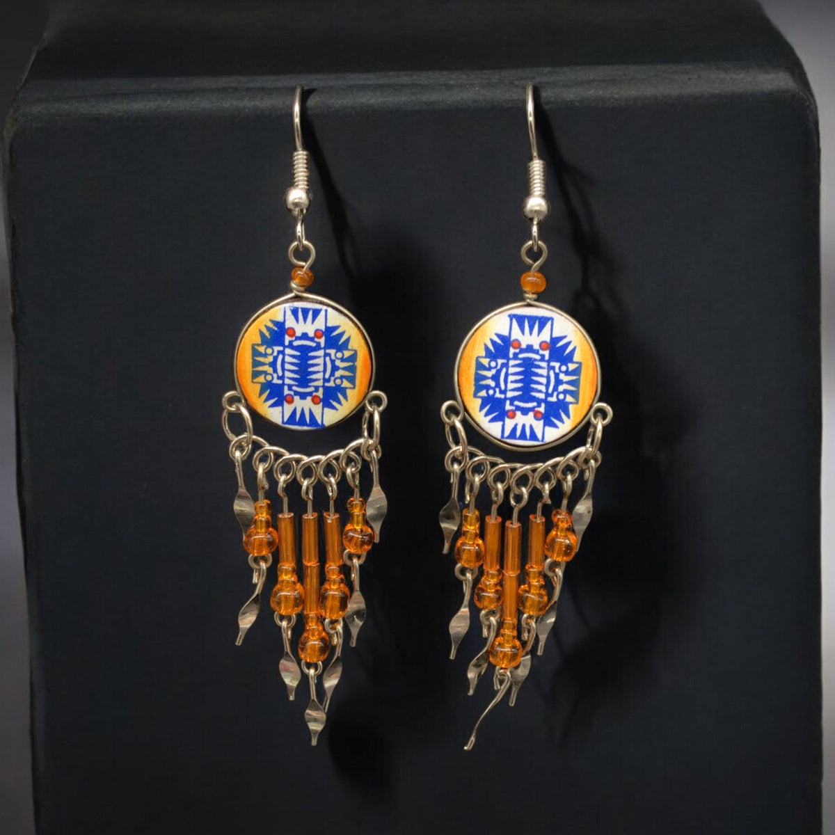 Orange and Blue Southwestern Round Shaped Dangle Earrings-1