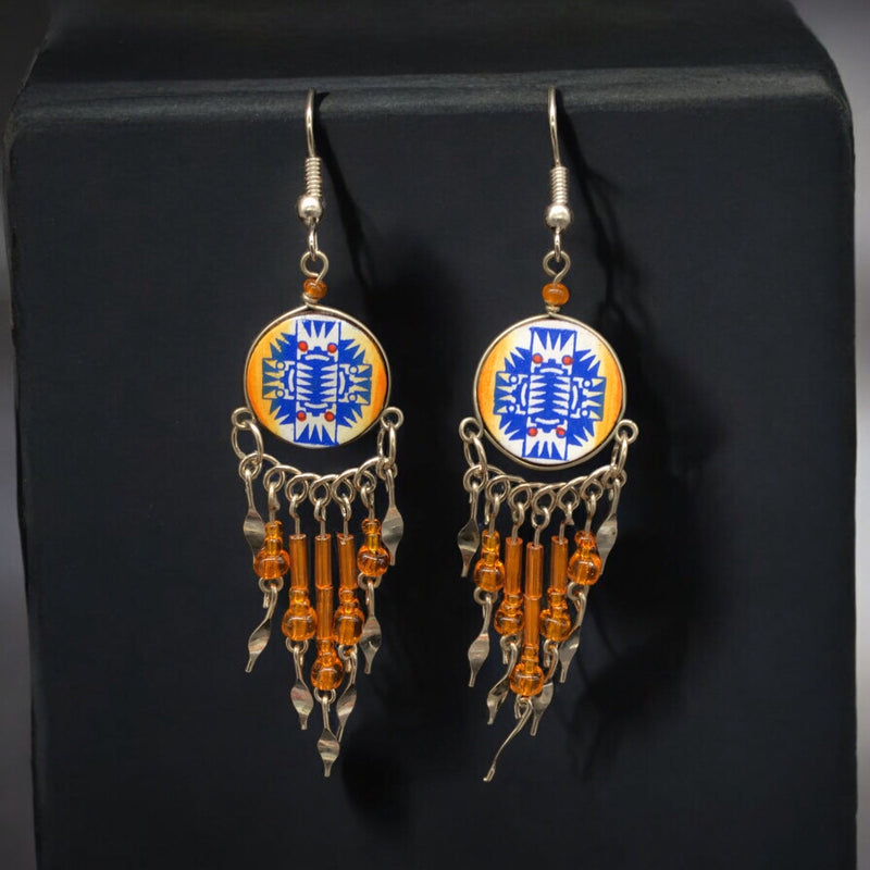 Orange and Blue Southwestern Round Shaped Dangle Earrings-1