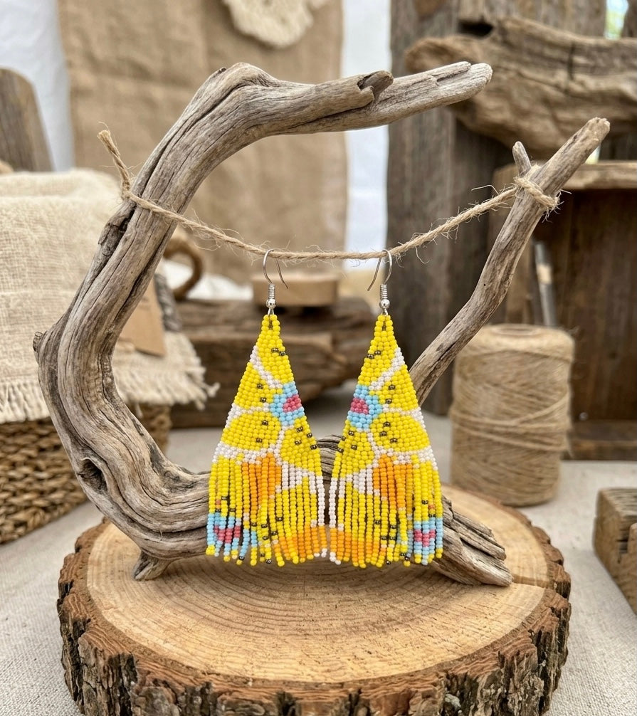 Flower Fringe Beaded Earrings (Yellow)