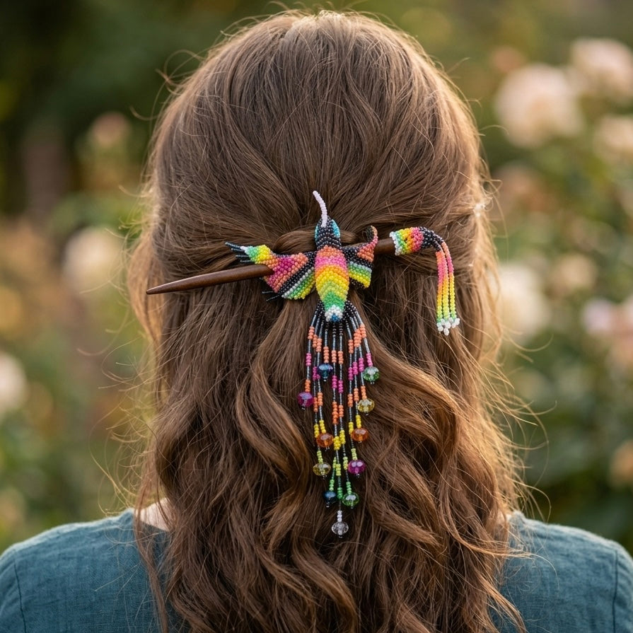 Navy Blue Hummingbird Beaded Hair Stick-1