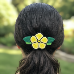 Yellow and Black Beaded Flower Barrette-2