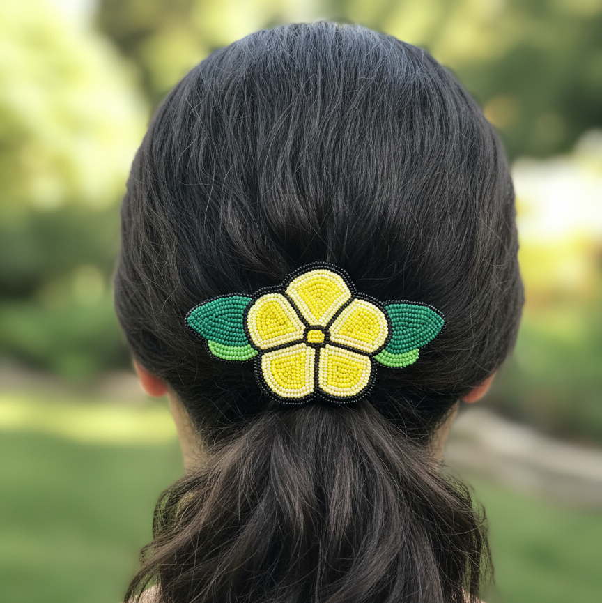 Yellow and Black Beaded Flower Barrette-2