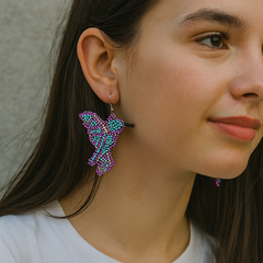 Pink turquoise Beaded bird Earrings-2