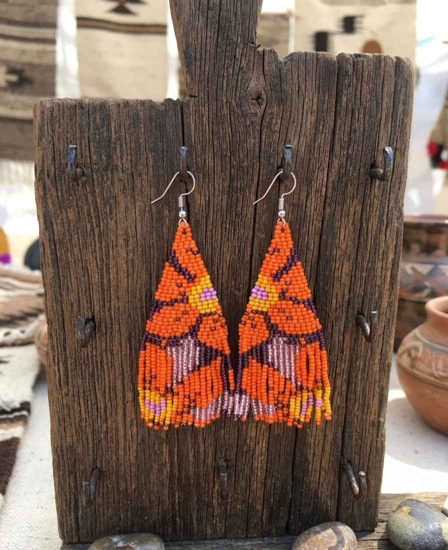 Flower Fringe Beaded Earrings (Orange)-4