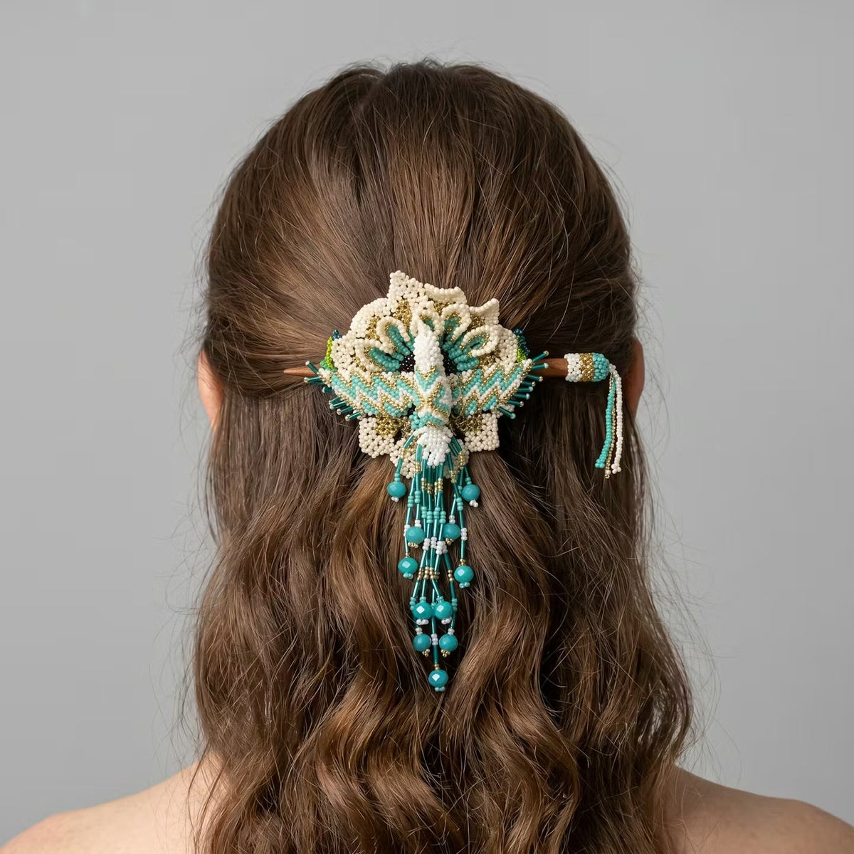 Maple Blossom Hummingbird Beaded Hair Stick Barrette Turquoise-2