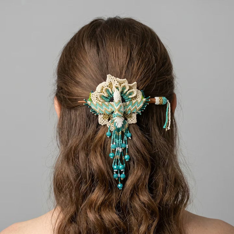 Maple Blossom Hummingbird Beaded Hair Stick Barrette Turquoise-2