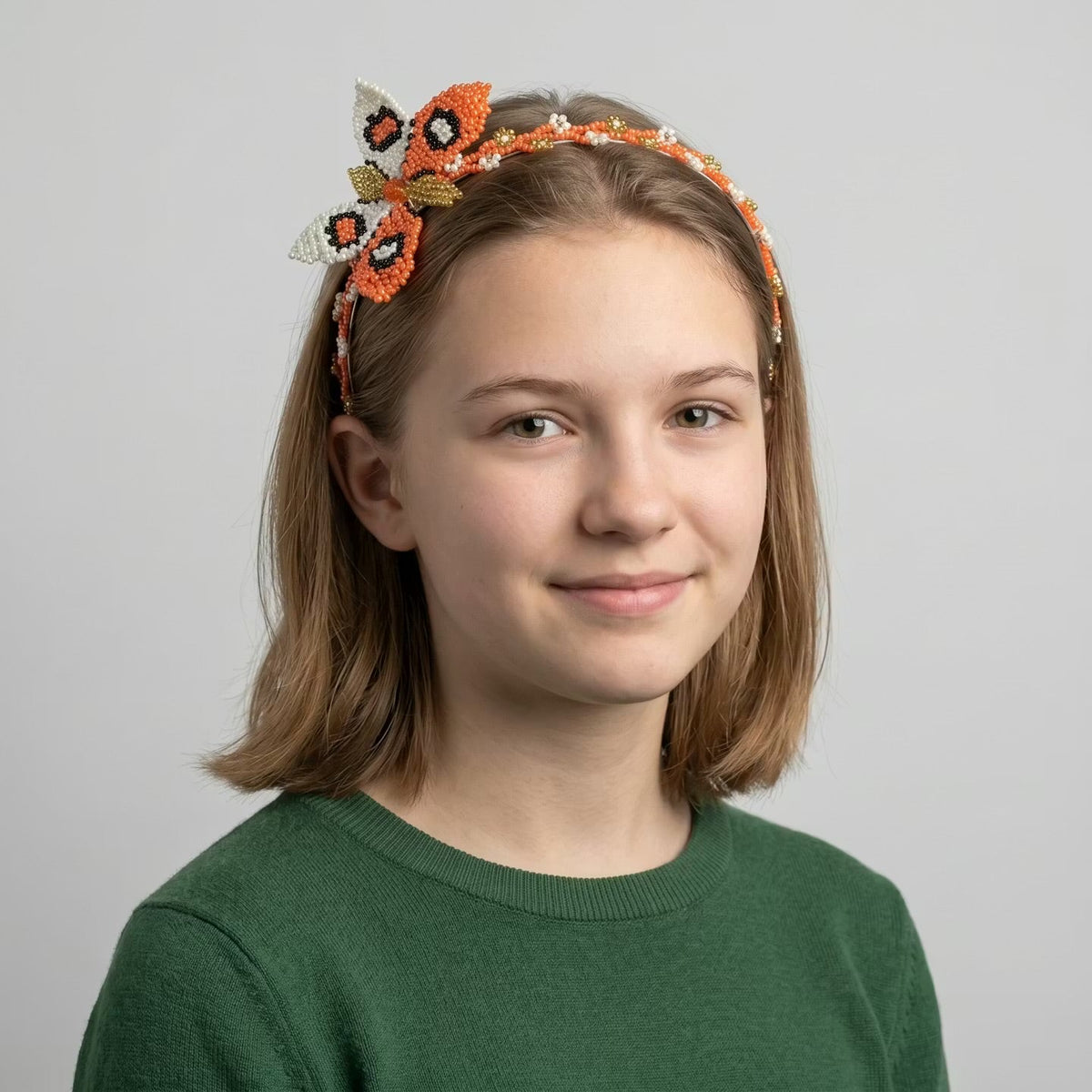 Beaded Headband with Butterfly Orange & White-1