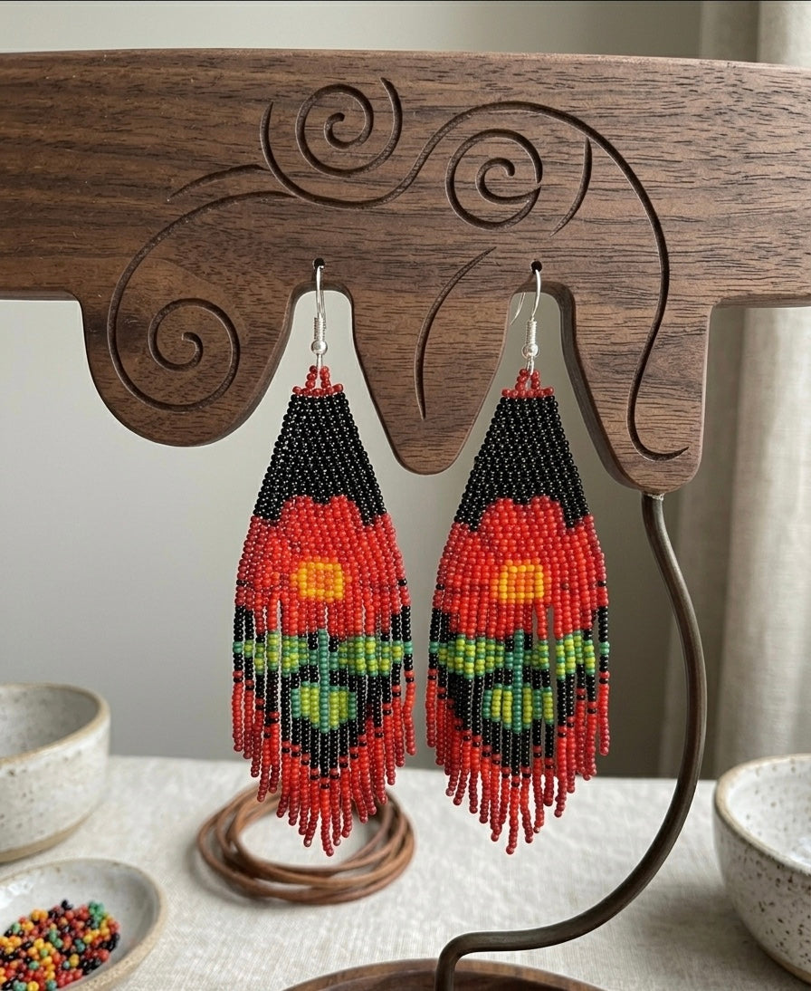 Flower Beaded Earrings ( Red )-3