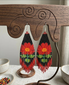 Flower Beaded Earrings ( Red )-3