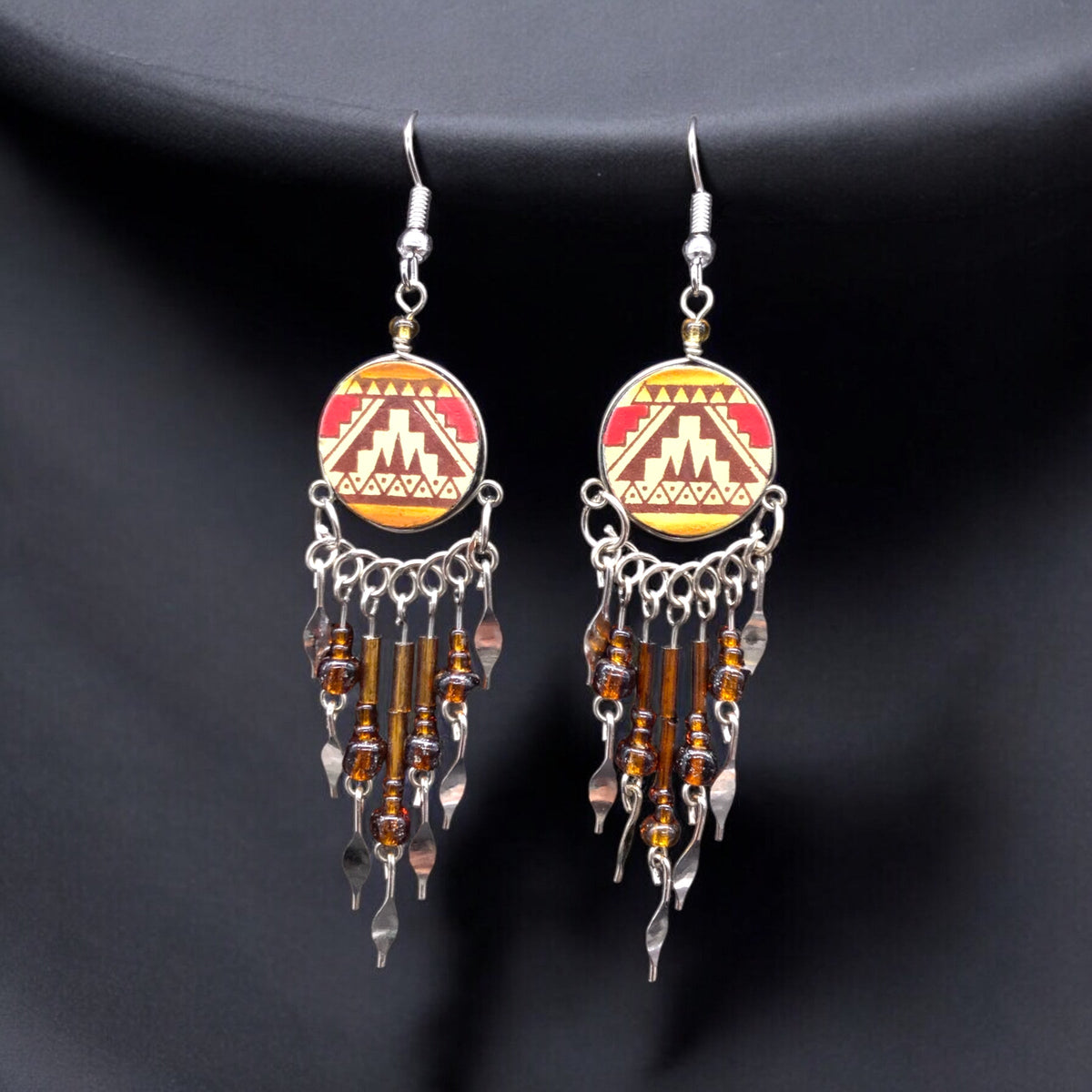 Red and Orange Southwestern Round Shaped Dangle Earrings-1