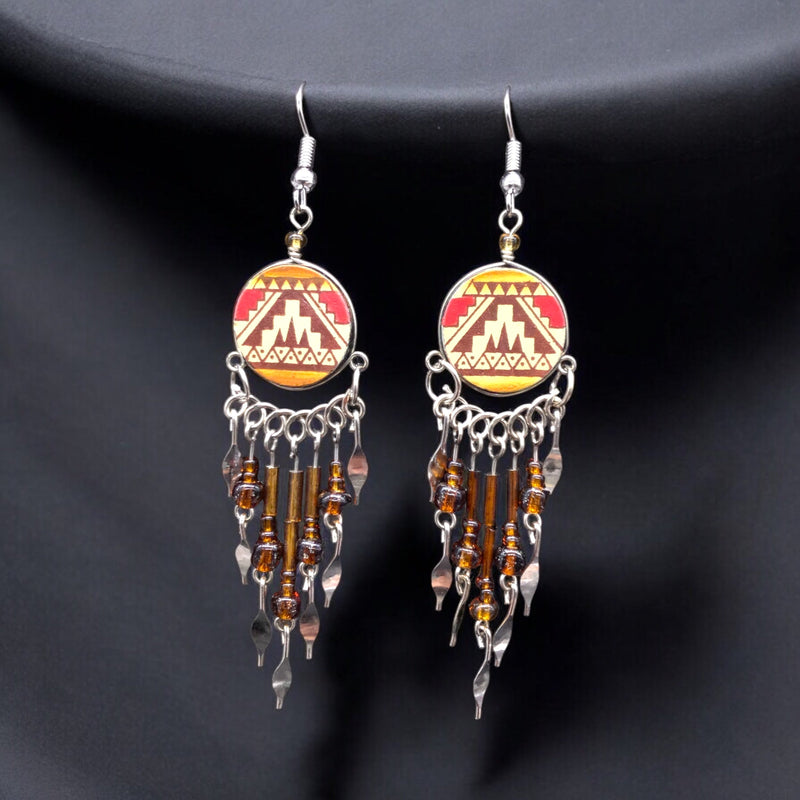 Red and Orange Southwestern Round Shaped Dangle Earrings-1