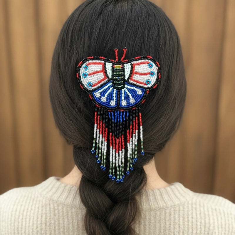 Butterfly Beaded Barrettes with Fringes Silver and Blue-1