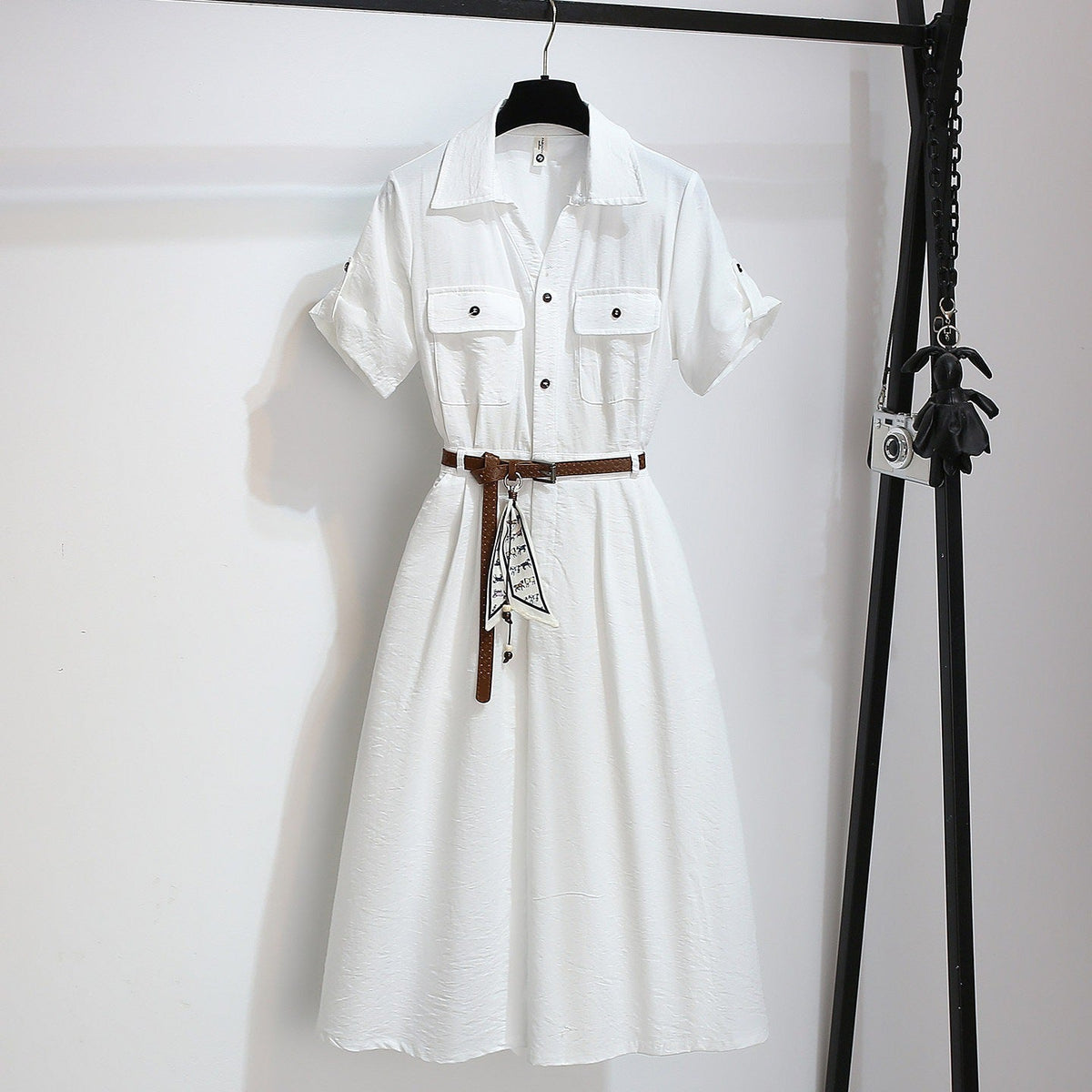 Women’s Summer Waist-Cinching A-Line Shirt Dress – Casual Button-Up Flare Dress-5