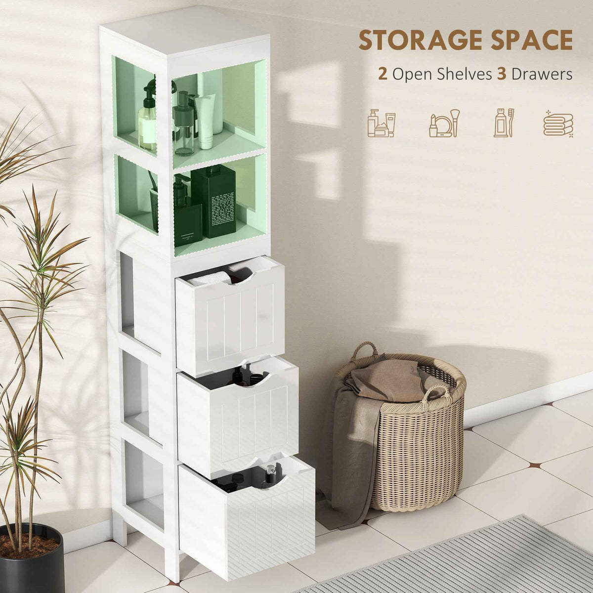 Slim Bathroom Cabinet with 3 Drawers & 2 Shelves-3