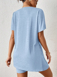 Women's Casual Solid Color Batwing Sleeve Tunic Top & Shorts Two-Piece Set-5