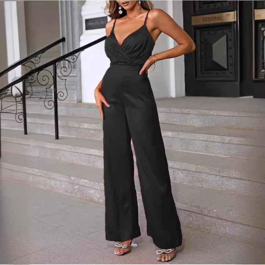 Fitted-waist Strapless Chic V-neck Wide-leg Jumpsuit-1